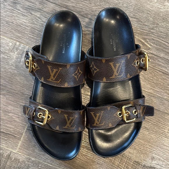 Louis Vuitton Monogram Brown Slides with Gold Buckles - Picture 1 of 12